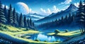 dusk at Blue Moon Valley, anime drawing style, line art. Royalty Free Stock Photo