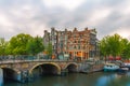 Dusk city view of Amsterdam canal and bridge Royalty Free Stock Photo