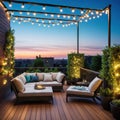 At dusk in the a comfortable rooftop patio area with a lounging a hanging and string lights is