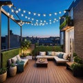 At dusk in the a comfortable rooftop patio area with a lounging a hanging and string lights is