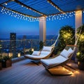 At dusk in the a comfortable rooftop patio area with a lounging a hanging and string lights is