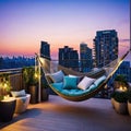 At dusk in the a comfortable rooftop patio area with a lounging a hanging and string lights is