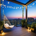 At dusk in the a comfortable rooftop patio area with a lounging a hanging and string lights is