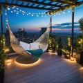 At dusk in the a comfortable rooftop patio area with a lounging a hanging and string lights is