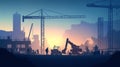 Dusk Construction Site: A 3D Vector Illustration of Workers and Machinery Illuminated by Floodlights Royalty Free Stock Photo