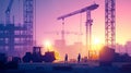 Dusk Construction Site: A 3D Vector Illustration of Workers and Machinery Illuminated by Floodlights Royalty Free Stock Photo
