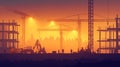 Dusk Construction Site: A 3D Vector Illustration of Workers and Machinery Illuminated by Floodlights Royalty Free Stock Photo