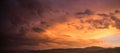 Red cloudy sky at sunset, mountain range, banner, copy space, wallpaper.
