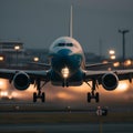 Dusk Departure: A Commercial Airliner Takes Off from a Busy Airport Runway Royalty Free Stock Photo