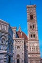 Dusk falls over the Baptistery of St. John, Giotto Campanile and Florence Cathedral consecrated in 1436