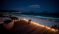 Dusk illuminates tranquil coastline, water reflects moonlight, nature beauty generated by AI Royalty Free Stock Photo