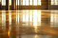 At dusk, an industrial warehouse's wet floor reflects various lights Royalty Free Stock Photo
