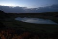 Dusk lake sunset in steppe on light background. Natural light. Sunset river water reflection. Royalty Free Stock Photo