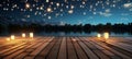 Dusk lakeside scene wooden dock under starlit sky with full moon reflection and twinkling stars