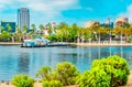 Dusk light hits Rainbow Harbor and Long Beach skyline in Southern California Royalty Free Stock Photo