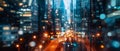 Dusk or night city lights, view of a modern futuristic cityscape. Defocused image of an urban street. Traffic lights. Royalty Free Stock Photo