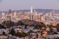 Dusk over San Francisco Downtown with Columbus Day Lights Royalty Free Stock Photo