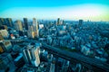 A dusk panorama cityscape near the railway in Osaka wide shot Royalty Free Stock Photo