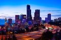 Dusk panorama view of Seattle downtown over I5 Royalty Free Stock Photo