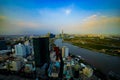 A dusk panoramic cityscape near Saigon river in Ho Chi Minh high angle Royalty Free Stock Photo