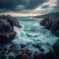 Dusk reveals breaking waves crashing against a rugged, rocky coastline