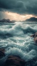 Dusk reveals breaking waves crashing against a rugged, rocky coastline