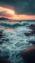 Dusk reveals breaking waves crashing against a rugged, rocky coastline