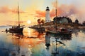 Dusk\'s Serenity: Watercolor Embrace of Tranquil Harbor