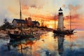 Dusk\'s Serenity: Watercolor Embrace of Tranquil Harbor