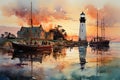 Dusk\'s Serenity: Watercolor Embrace of Tranquil Harbor