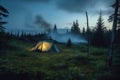 Dusk Settles Over Cozy Tent In Remote Camping Site. Generative AI Royalty Free Stock Photo