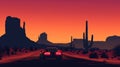 Dusk settles over the horizon as the electric car cruises along a desert road the silhouette of towering cacti and rock