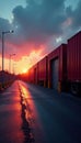 Dusk shadows fall on three loading docks, security barriers raised , gates, safety, dusk