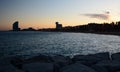 Dusk time in La Barceloneta beach. Ciutat Vella district. Barcelona. Catalonia. Spain Royalty Free Stock Photo