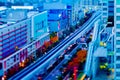 A dusk of the train on the city railway in Tokyo high angle tiltshift Royalty Free Stock Photo