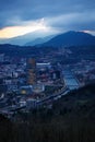 Dusk, twilight over Bilbao city in Basque Country, Spain. Town between mountains. Royalty Free Stock Photo