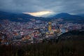 Dusk, twilight over Bilbao city in Basque Country, Spain. Town between mountains. Royalty Free Stock Photo