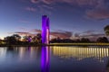 dusk view of the national carillon on the shore of lake burley griffin at canberra