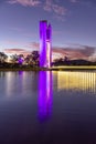 dusk view of the national carillon on the shore of lake burley griffin at canberra