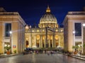 Dusk view of Saint Peter Basilica illuminated, Rome, Italy