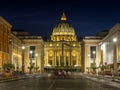 Dusk view of Saint Peter Basilica illuminated, Rome, Italy