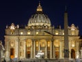 Dusk view of Saint Peter Basilica illuminated, Rome, Italy