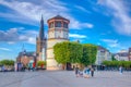 DUSSELDORF, GERMANY, AUGUST 10, 2018: View of Burgplatz with Schifffahrt museum and Saint Lambertus church in Dusseldorf, Germany