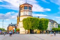 DUSSELDORF, GERMANY, AUGUST 10, 2018: View of Burgplatz with Schifffahrt museum and Saint Lambertus church in Dusseldorf, Germany