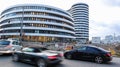 Dusseldorf, Germany - February 20, 2020. Modern architecture in a European city. White round building Royalty Free Stock Photo
