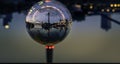 Night View Crystal Glass Ball Travel around the World - TV Tower Harbor Rhine River Promenade in Dusseldorf Germany