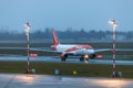 Easy jet airplane at dusseldorf airport germany in the rain