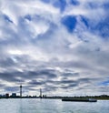 Dusseldorf skyline view at the media harbor at summer with ferry boat