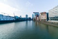 DUSSLEDORF, GERMANY - FEBRUARY 7, 2018: Julo-Levin-Ufer in Media Harbour Dusseldorf with Roggendorfer Haus building