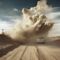 Dust cloud after a car passing on a desert road Royalty Free Stock Photo